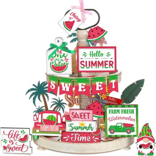 Farmhouse Tiered Tray Decor Set Home Wooden Signs Rustic Sweet Home Tabletop Wooden Block Sign for Table Decor(Watermelon)