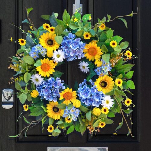 Spring Summer Wreaths for Front Door 24 Inch Artificial Eucalyptus Sunflower Daisy Flower Wreath,Lifelike Blue Hydrangea Floral Door Wreath for Mantel,Wedding Indoor Outdoor Home Wall Decor