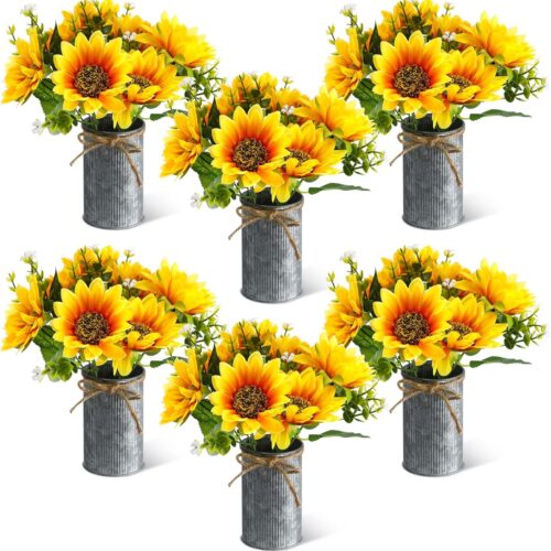6 Sets Summer Sunflowers Artificial Flowers with Metal Pots Rustic Faux Sunflower Decorations for Tables Centerpieces Spring (Vintage Color)