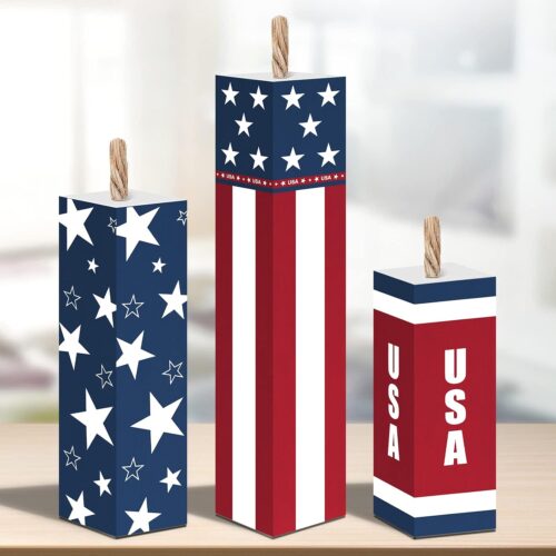 3 Pieces 4th of July Wood Firecracker Decorations Sign Patriotic Independence Day Memorial Day Tiered Tray Decor, Rustic Firecrackers Table Sign for Home Birthday Party Gifts Wall Art Decorater