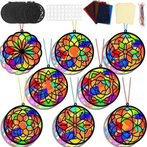 32 Sets Suncatchers Craft Kit DIY Flower Window Stained Glass Effect Paper Spring Home School Classroom Decoration Art Craft Creative Activity Project Kid Gift Favor