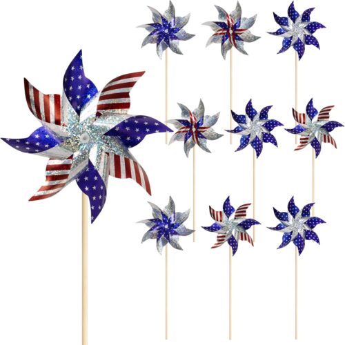 th of July Decorations Reflective Pinwheels,10 Pack Patriotic Decor Red White and Blue Windmills, Wind Spinners for Yard and Garden,Independence Day,Kids,Bird Scare Devices Outdoor