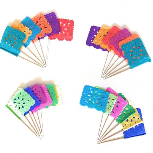 Set of 24 Pcs Multi-Colored Mini Mexican Paper Papel Picado Tissue Banner Flags Banderita s Fiesta Party Decorations Cupcake Topper Party Banderines Flower Design
