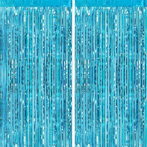 2pcs 3ft x 8ft Light Blue Metallic Tinsel Foil Fringe Curtains Backdrop for Frozen Mermaid Blue Birthday Party Decorations, Baby Shower Bachelorette Bridal Shower Party Decorations
