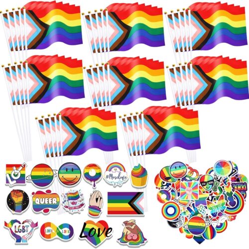 90 Pcs LGBTQ Accessories, 40 Pack Progress Rainbow Pride Flag Set - Small Handheld Gay Flag for Parades & Festivals, 50 LGBTQ Stickers 40 Gay Flags