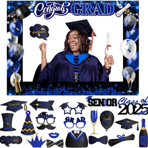 Graduation Photo Booth Props-Blue Class of 2025 Graduation Party Decoration,Congrats Grad Booth Frame and Grad Photo Props with Sticks for Boys Girls Graduation Party Favors Supplies Decoration (Blue)