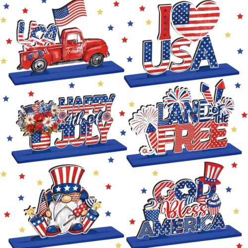 6 Pieces 4th of July Table Decoration Patriotic Wooden Table Centerpiece Independence Day Red White and Blue Gnome Letter Sign Home of America Table Decoration for Memorial Day Home Party Decor