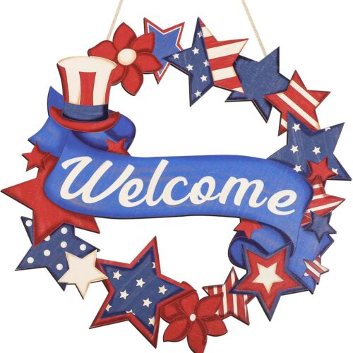 4th of July Decorations Wooden Welcome Sign, Wooden American Flag Star Wreath, Outdoor Wall Hanging for Front Porch, Memorial Day Home Decor (4th of July)