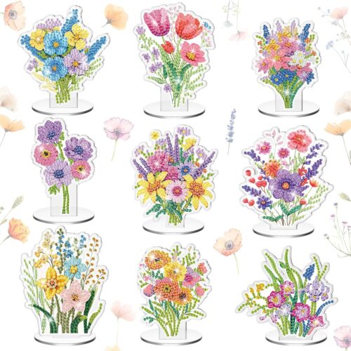 9 Pcs Diamond Painting Table Decorations Spring Wildflower Diamond Art Kits for Adults Double Sided Acrylic Flower Centerpieces Sign for Tabletop Beginner DIY Crafts Gifts Home Party Decor