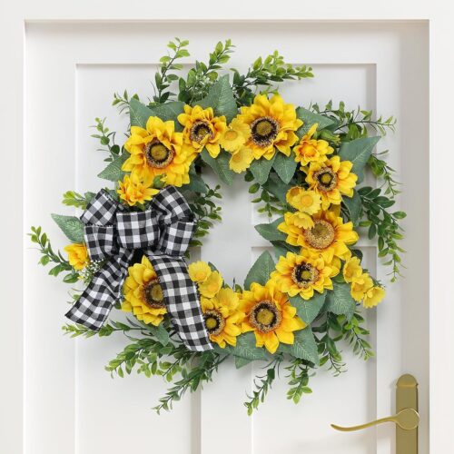 18" Sunflower Wreath for Front Door, Spring Summer Wreath with Artificial Sunflower Daisy Green Leaves, Grapevine Wreath Farmhouse Sunflower Decor for Home Wedding Party Wall Indoor Outside