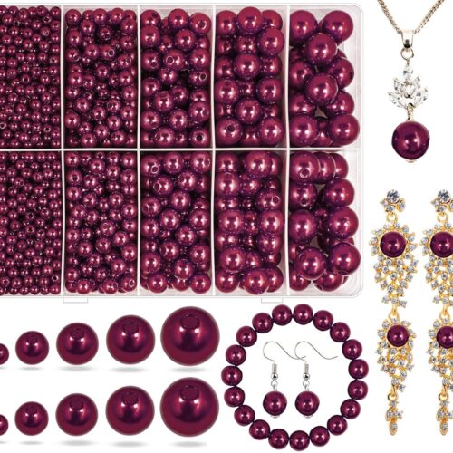 Claret Red Pearl Beads for Jewelry Making, 1750pcs Wine-Red Pearl Craft Bead with Hole 4mm 6mm 8mm 10mm 12mm Loose Spacer Bead for Necklace Bracelet Earrings Ring Choker Wedding Dress Decor (Claret)