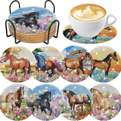 Spring Horse Diamond Art Coasters: 8 Pcs Standing Horse Diamond Painting Coasters with Holder and Cork Pads, DIY Crafts Kit for Adults Beginners Home Decor Gifts
