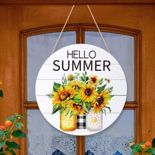 Hello Summer Door Sign 12 x 12 Inch Sunflower Wood Front Door Decor Farmhouse Welcome Summer Mason Jar Round Hanging Sign for Rustic Porch Home Office Living Room Indoor Outdoor Decorations