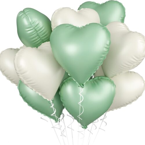 Sage Green White Heart Balloons, 10PCS Green Beige Foil Heart Balloons, 18inch Olive Green Cream White Heart Shape Balloons for Neutral Jungle Birthday Baby Shower Valentines Wedding Party Decorations