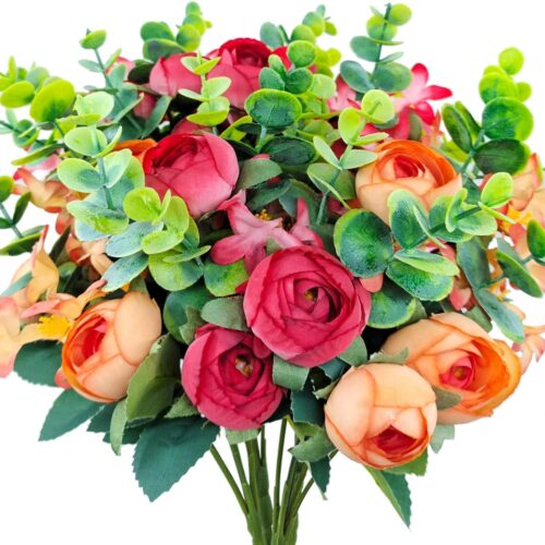 4 Bunches Peony Artificial Flowers Silk Faux Peonies with Plastic Eucalyptus Leaves Fake Bouquets for Home Indoor Outdoors Table Floral Arrangement Decoration (Red and Orange)