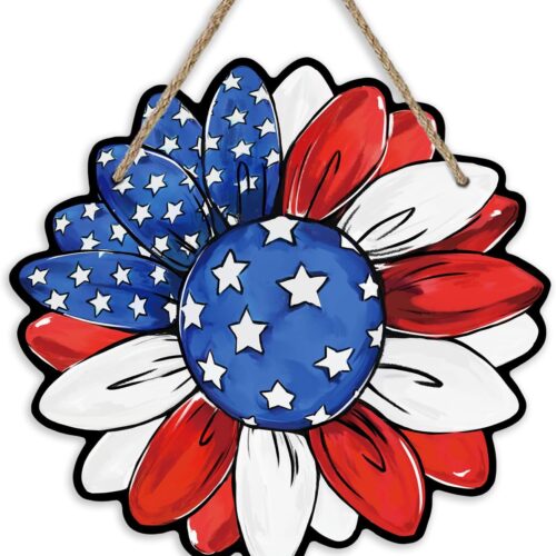 4th of July Sunflower Front Door Sign, Patriotic America Flower Wood Door Hanger Outdoor Outside Porch Decor, American USA Floral Wooden Wreath Indoor Wall Hanging Decoration