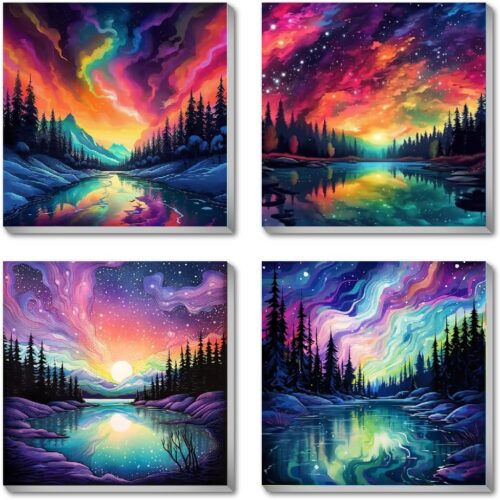 4 Pack Landscape Paint by Number for Adults Framed Canvas, DIY Aurora Arts and Crafts for Adults Beginner with Paint Brushes, Acrylic Paint Set for Home Wall Decor, 8 * 8 Inch