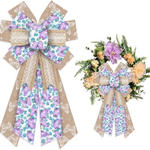Large Spring Wreath Bows Purple Butterfly Burlap Bows for Wreath, Blue Brown Lace Flowers Ribbon Bows Spring Retro Flowers Decor Bows for Springtime Indoor Outdoor Decoration Wreath Ornament Supplies