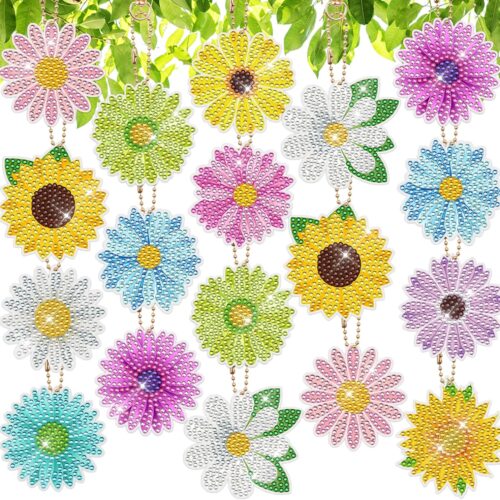 12 PCS Flowers Diamond Painting Keychains Daisy Sunflower Diamonds Art Key Rings Double Sided Full Drill Diamond Keychains Colorful Flowers Hanging Ornaments for DIY Crafts Home Party Decor