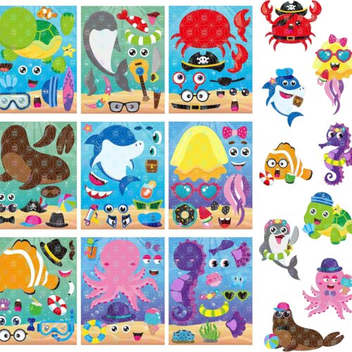 HubirdSall 45Pcs Sea Make-A-Face Holographic Stickers Ocean Animals DIY Art Craft Rewards for School Kid Teacher Summer Mermaid Party Favor Sticker for Birthday Gift Children Room Ocean Decorated
