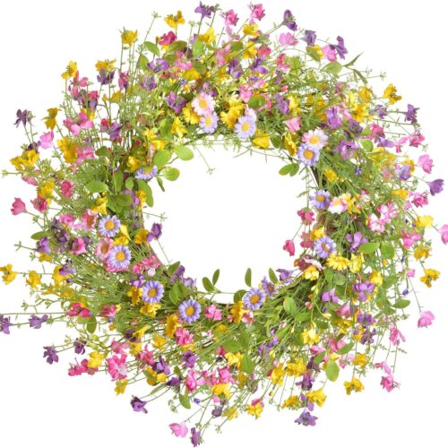 LSKYTOP Artificial Flower Wreath for Front Door 24inch Colorful Wildflower Wreath with Daisy for Wall Window Indoors Decor