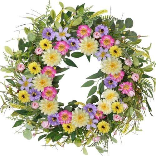 Spring Wreaths for Front Door, 24 Inch Artificial Summer Colorful Slik Daisy Wreath with Fake Lavender and Faux Eucalyptus Leaf for Indoor Outdoor Home Garden Wall Decor