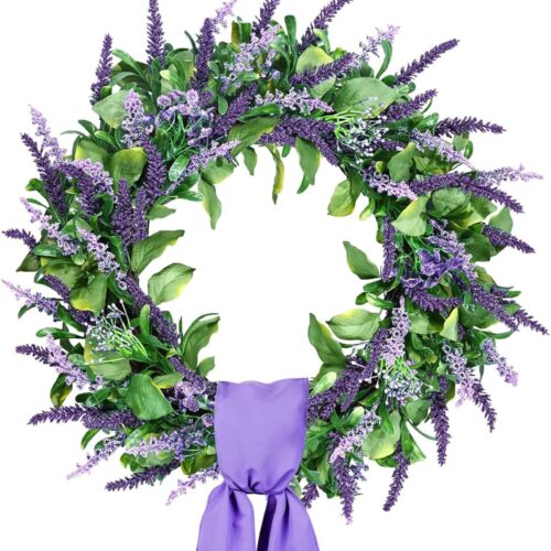 24 Inch Large Purple Lavender Wreath for Front Door, Artificial Spring Summer Wreath with Eucalyptus Leaf for Year Round Indoor & Outdoor Home Decoration, Wedding Decor with Purple sash