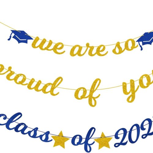 Graduation Banner 2025, Gold Glitter-We Are So Proud of You Graduation Party Decorations Congratulations Banner Blue and Gold Class of 2025 Congratulations Decorations