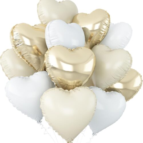 Cream White Heart Balloons,12Pcs Sand White Gold Heart Shaped Foil Balloons,18Inch Beige Helium Mylar Balloon for Boho Baby Shower Birthday Bridal Shower Wedding Party Decorations