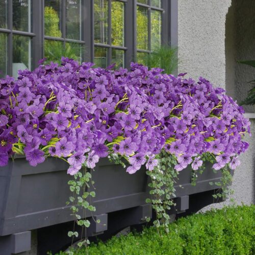 16 Bundles Purple Spring Flowers Artificial Outdoor UV Resistant Fake Flowers Spring Outdoor Porch Decor Outside Artificial Plants for Window Box