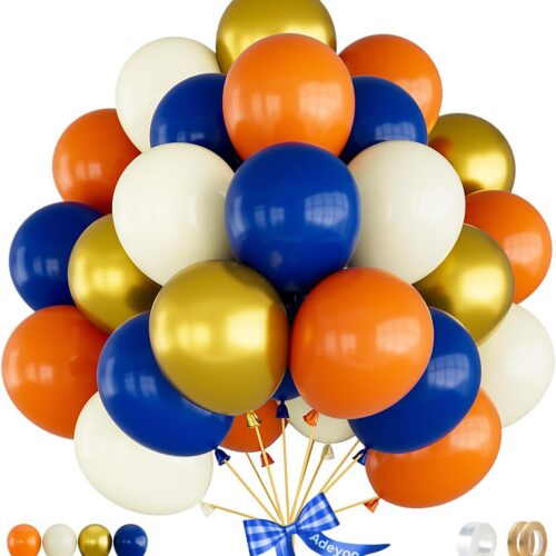 Navy Blue and Orange Balloons,60pcs Graduation Balloons Set,12 Inch Metallic Gold Balloon Dark Blue White Latex Balloon for Boys Men Graduation Birthday Wedding Baby Shower Party Decorations