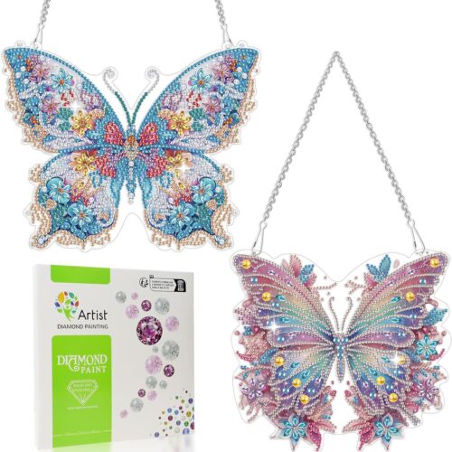 2 Pcs Dimond Art Paintings Butterfly, Diamond Art Kits for Adults, DIY Crystal Gem Craft Painting Kit, Special Shape Diamond Art Suncatcher Hanging Ornament for Home and Garden Decor