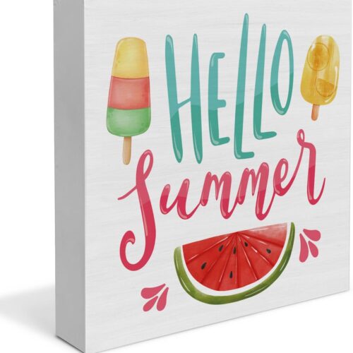 Hello Summer Decor Watermelon Decorations Ice Cream Wooden Sign Rustic Home Decor 5 x 5 Inches