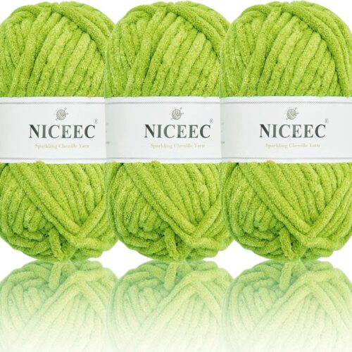 3 Skeins Sparkling Chenille Yarn Soft Blanket Yarn for Crochet & Knitting, Total 165yds/10.6oz - Spring Green