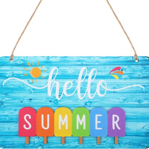 Hello Summer Door Sign Colorful Ice Lollipop Summer Sign for Front Door Welcome Decoration Plaque Hanging Sign for Farmhouse Home Door Wall Porch Indoor Outdoor,10 x 5.5 Inch