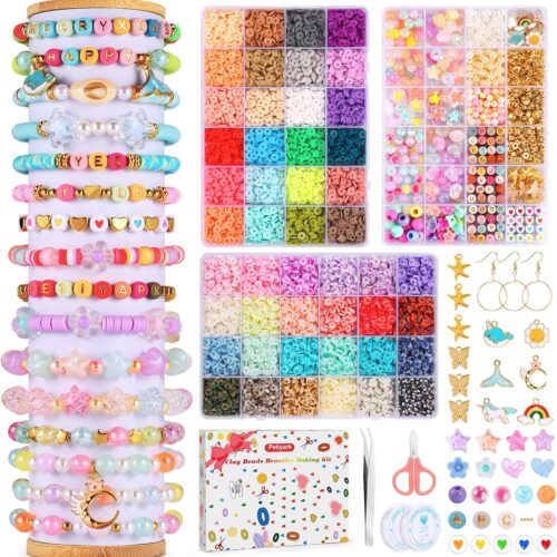 10525Pcs Clay Beads Bracelet Making Kit, Friendship Bracelet Kit Flat Polymer Clay Beads for Jewelry Making, 48Colors Bead Set 925Pcs Charms Kit with Letter Beads for Girls DIY Craft Gift