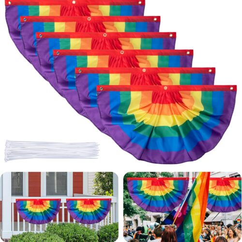 6PCS Rainbow Pride Bunting Flag, 3 x1.5 Ft Rainbow Pleated Fan Flag Banner Rainbow Polyester Flag for Rainbow Pride, Gay Pride, LGBTQ, Parades, Celebration Decor, Include Hanging Rope