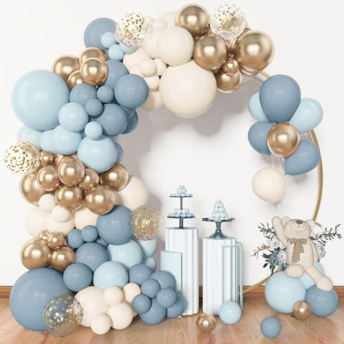 153pcs Dusty Blue Balloon Garland Arch Kit, Different Sizes 18 12 10 5 inch Blue White Sand Latex Metallic Confetti Gold Balloons for Boys Birthday Boho Baby Shower Party Decoration Supplies