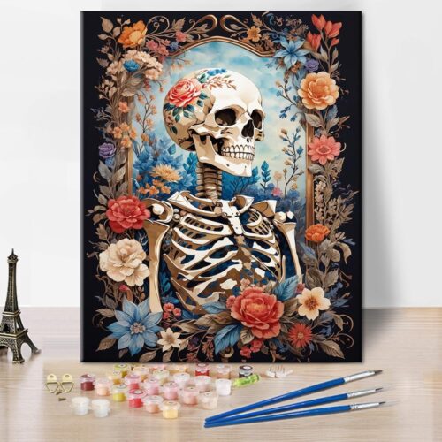 Paint by Numbers for Adults Beginner, Skeleton with Flower Paint by Numbers, Adult Paint by Number Kits On Canvas, DIY Painting Kits with 3 Brushes, Skeleton Paint by Number, 16 x20 Inch