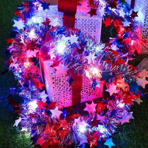 4th of July Patriotic Decorations, Red White and Blue Star Garland with 20Led Copper Fairy Lights, 2PACK Each 6.6Ft Tinsel Garland National Independence Day Decor Party Home Indoor