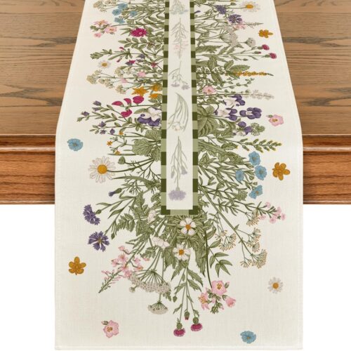 Vintage Wildflowers Daisy Spring Table Runner,Seasonal Summer Floral Kitchen Dining Table Decoration for Home Party Decor 13x72 Inch