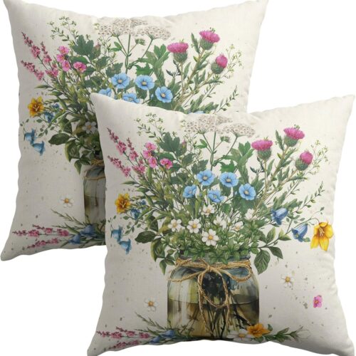 Spring Wildflower Throw Pillow Covers 18X18 Inches Set of 2 Multi Colored Daisy Flowers Mason Jar Pillowcase Soft Cotton Linen Square Spring Cushion Covers for Home Sofa Patio Bedroom