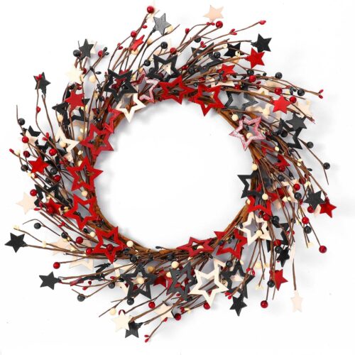 18 Inch 4th of July Wreath Red Blue White Wooden Star and Berry Ring Handmade Patriotic Star Wreath for Front Door Independence Day Rustic Twig Memorial Day Flag Day Decorations