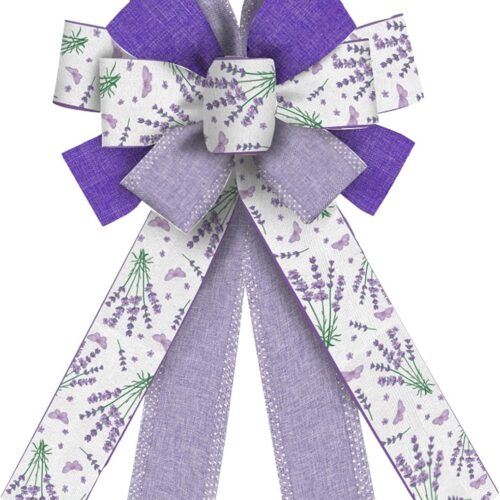 Large Floral Bows for Wreath, Purple Lavender Wreath Bows Purple Dot Bows for Front Door, Spring Flower Burlap Ornament Tree Topper Bows for Home Indoor Outdoor Decor