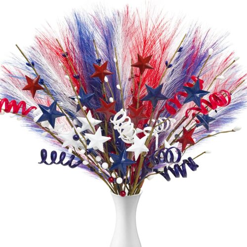 18 Pcs 4th of July Decorations, Patriotic Faux Floral Stems Branches Red White and Blue Berry Picks with Stars for Independence Day Memorial Day Party Home Office Desk Vase