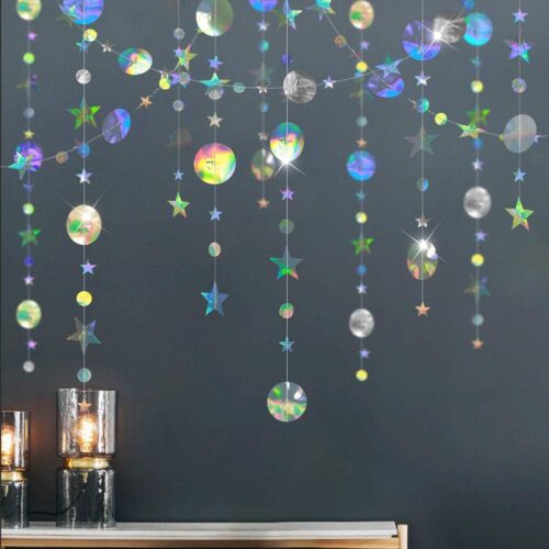 Iridescent Star Garland Decorations Holographic Hanging Stars Moon Party Decoration Galaxy Birthday Streamer Ramadan Eid Banner Baby Shower Wedding Backdrop Space Alien Celestial Decor