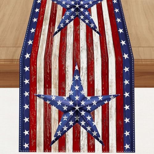 Linen Watercolor Red White and Blue American Flag Stars Table Runner 72 Inches Long 4th of July Memorial Day Veterans Day Patriotic Decoration and Supplies for Home