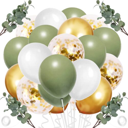 60 Pcs White Sage Green Balloons Latex Balloons with Artificial Eucalyptus Leaves Confetti Balloons for Birthday Baby Bridal Shower Wedding Party Decoration