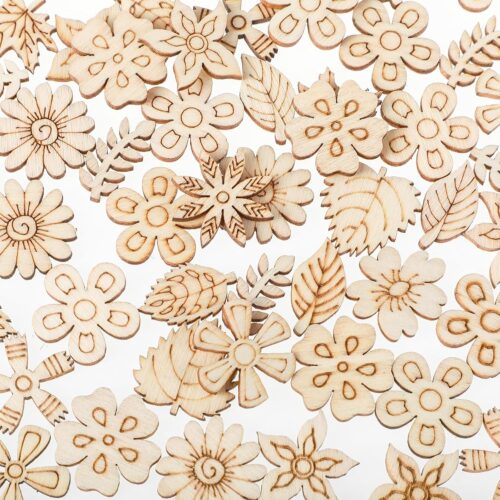 100 Pack Wooden Flower Cutouts for Crafts, Wood Spring Ornaments to Paint Unfinished Blank Flowers Leaf Pieces Pattern Small Wood Embellishments for Home School DIY Craft Decoration (7 Styles)