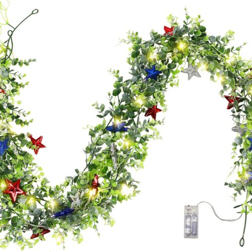 6 FT LED 4th of July Garland, Fourth of July Decorations with String Lights Red White and Blue Artificial Wreath with Patriotic Star Ornaments for Independence Day Memorial Day Holiday